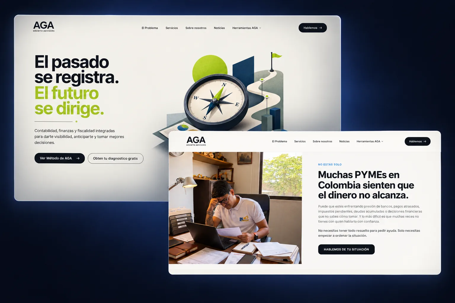 Vistas del sitio web de AGA Growth Advisors.