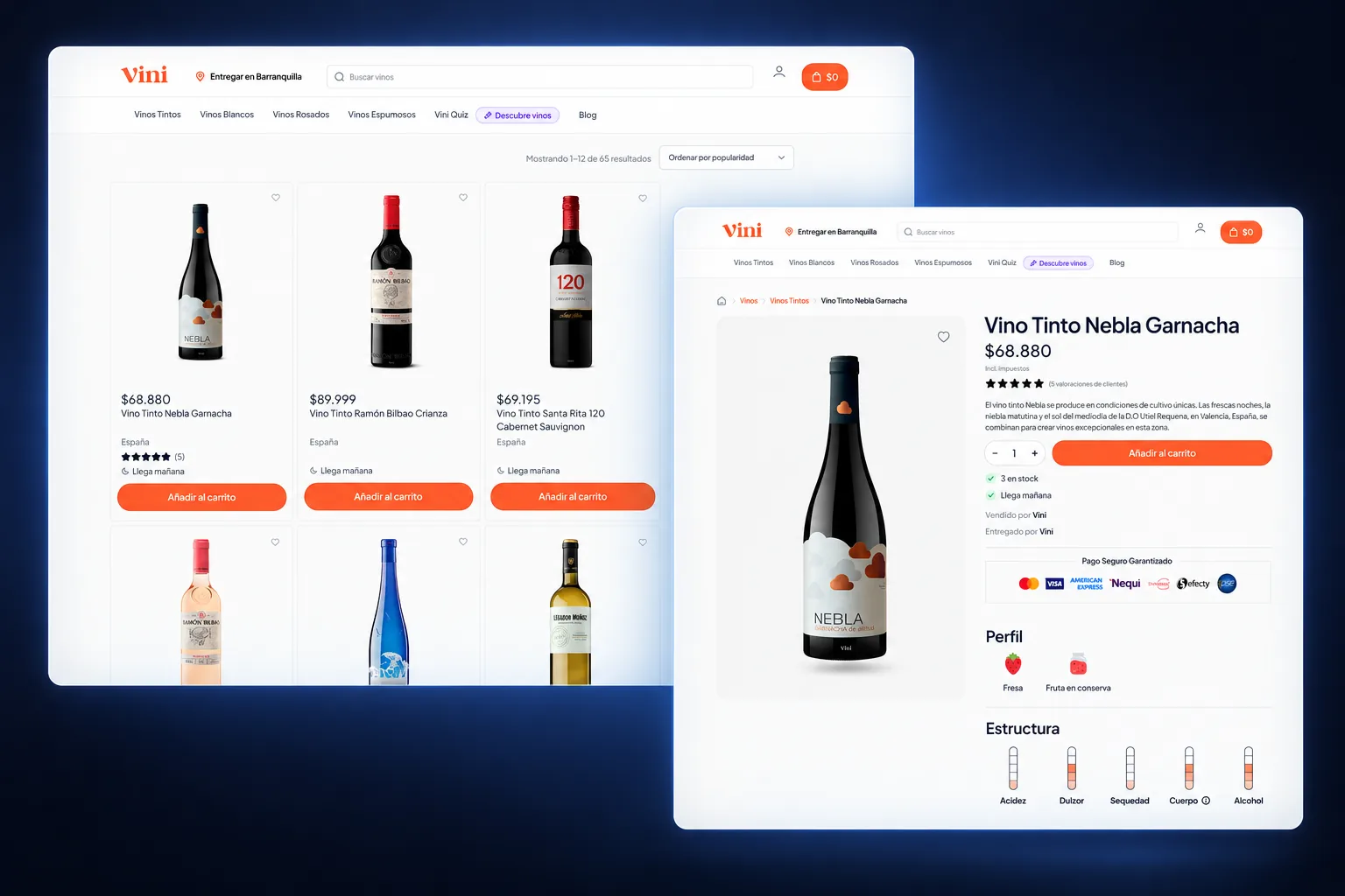 Vistas del sitio web de Vini: catálogo de vinos y ficha de producto.