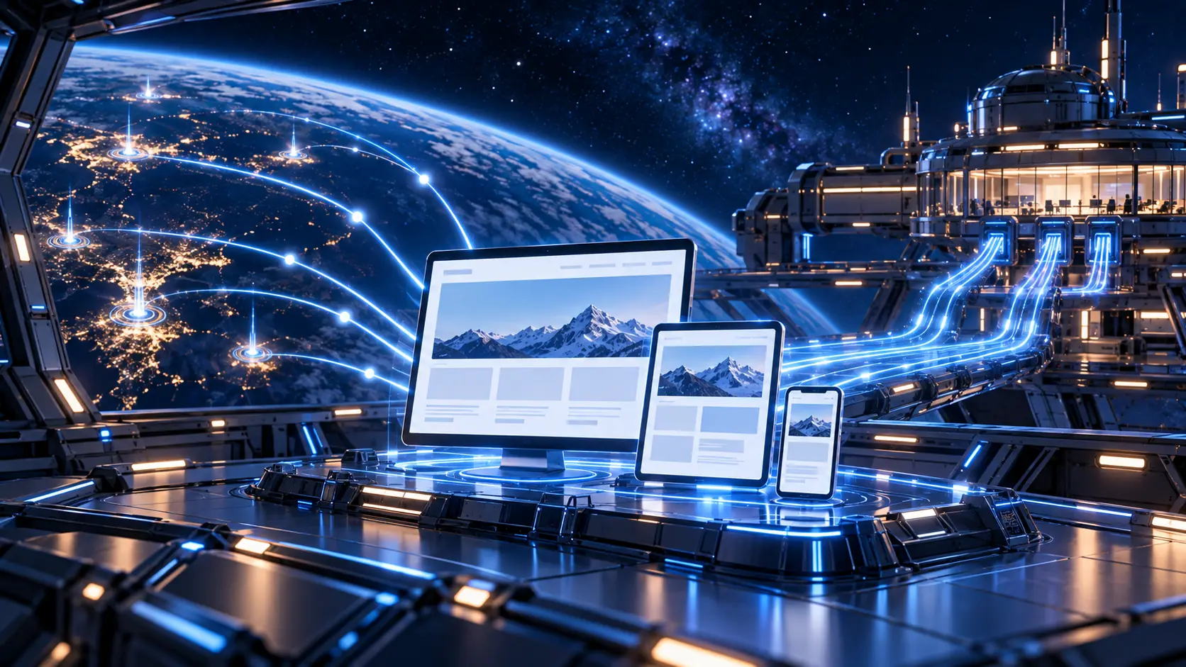 Un sitio web publicado en computadora, tableta y celular, conectado con clientes en distintas ciudades